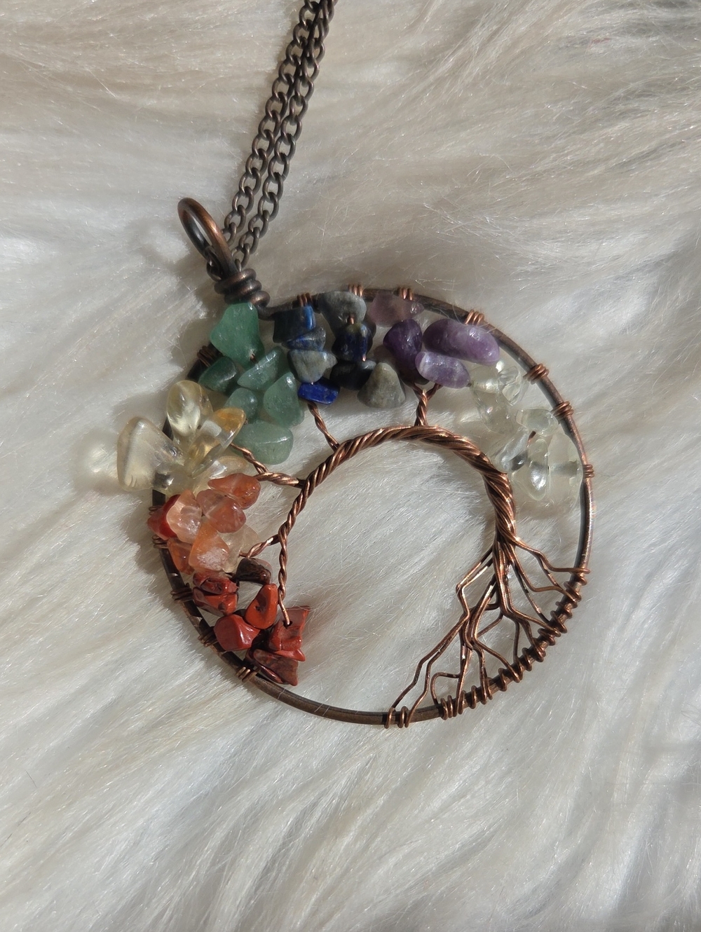 Copper Tobw Tree of Life Pendant with Multicolor Gem Chips Necklace